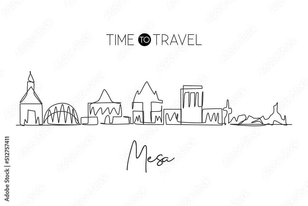 Single continuous line drawing of Mesa city skyline, Arizona, United States. Famous city for wall decor print. World travel concept. Editable stroke modern one line draw design vector illustration