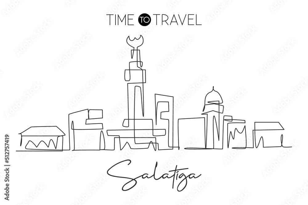 Single continuous line drawing of Salatiga city skyline, Central Java Indonesia. Famous city for wall decor print. World travel concept. Editable stroke modern one line draw design vector illustration