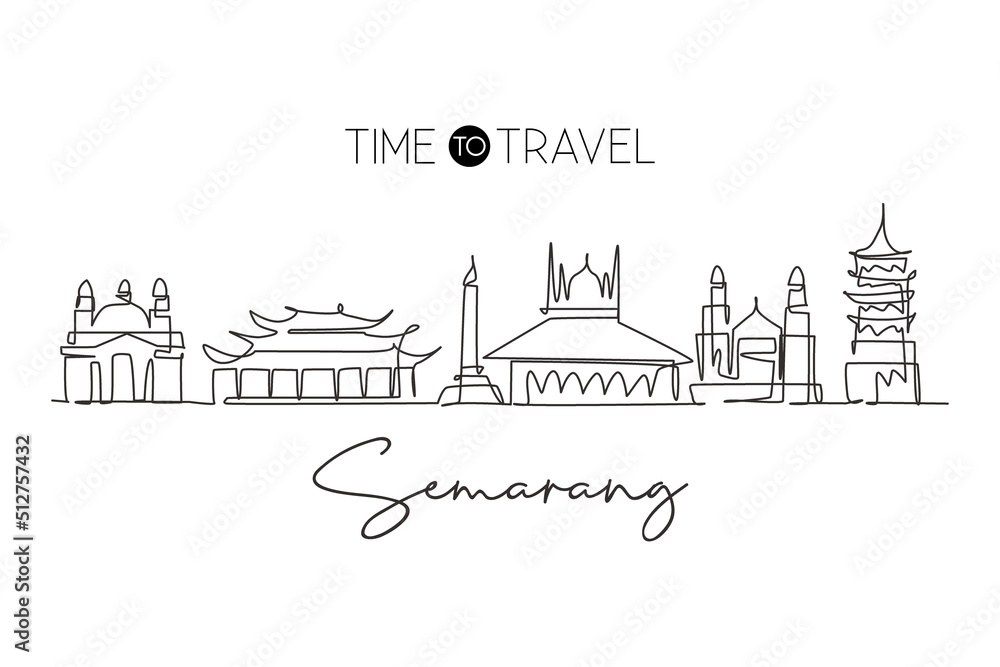 One single line drawing of Semarang city skyline, Java, Indonesia. Town landscape for home wall decor poster. Best holiday destination. Trendy continuous line draw graphic design vector illustration