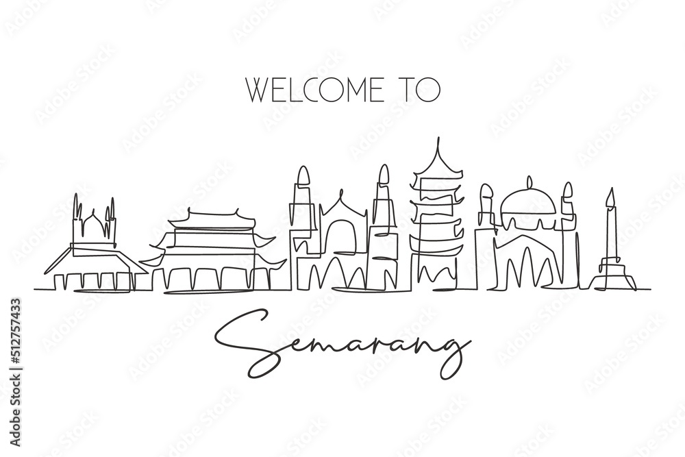 Single continuous line drawing of Semarang city skyline, Central Java Indonesia. Famous city for wall decor print. World travel concept. Editable stroke modern one line draw design vector illustration