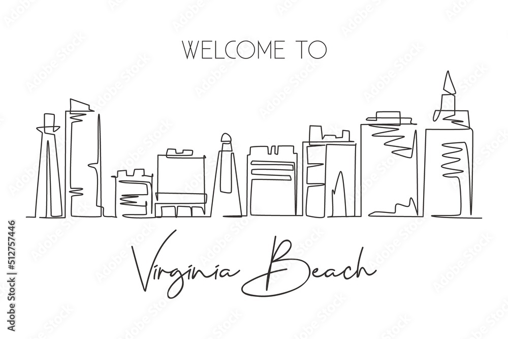 One single line drawing of Virginia Beach city skyline, USA. Town landscape for home wall decor poster. Best holiday destination. Trendy continuous line draw graphic design vector illustration