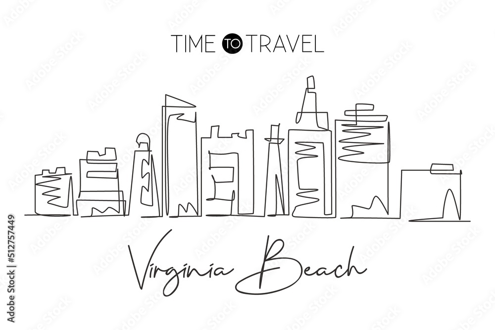 Single continuous line drawing of Virginia Beach city skyline, United States. Famous city for wall decor print. World travel concept. Editable stroke modern one line draw design vector illustration
