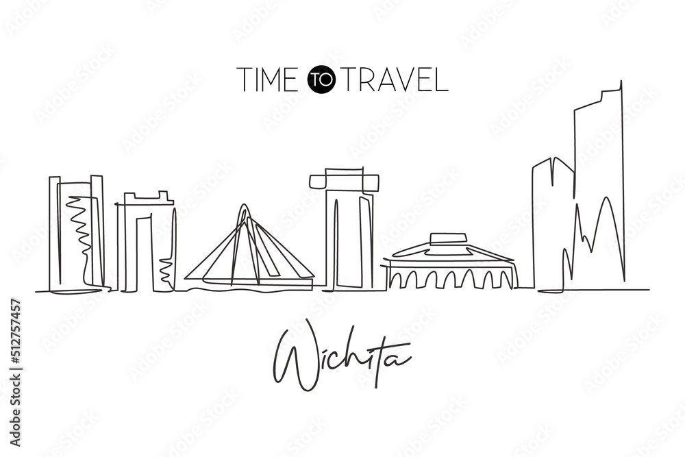 One continuous line drawing of Wichita city skyline, Kansas. World beautiful landscape tourism and travel vacation for wall decor print. Stylish single line draw graphic design vector illustration