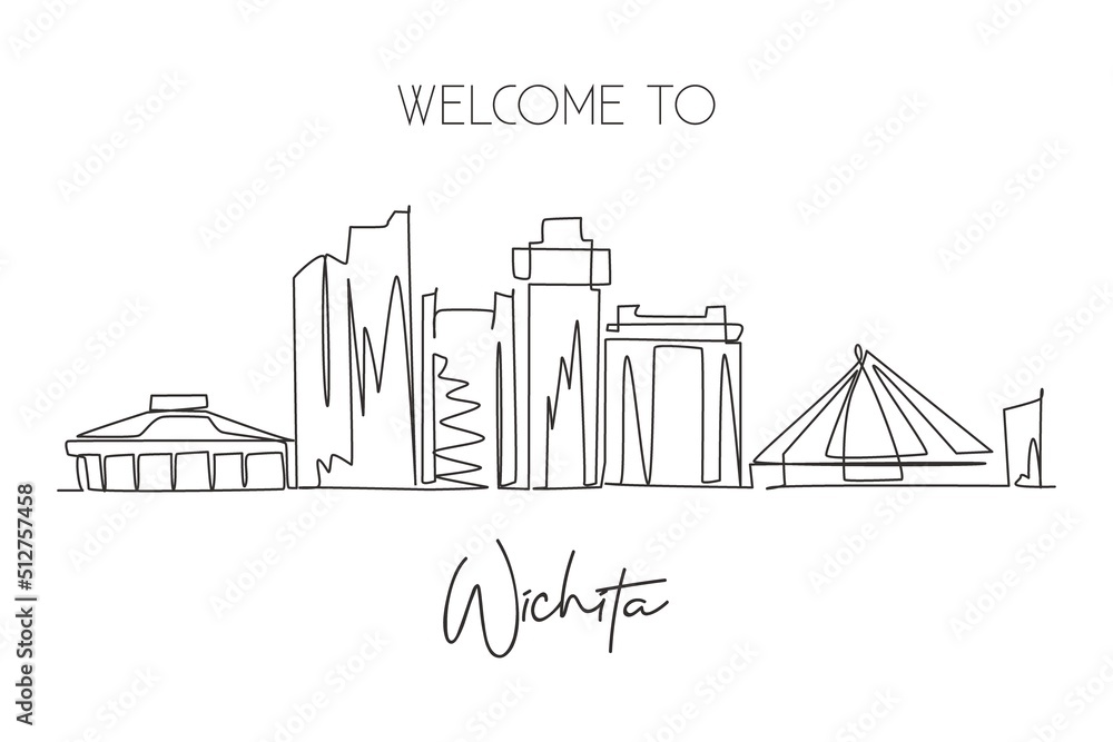 One single line drawing of Wichita city skyline, Kansas, USA. Town landscape for home wall decor poster. Best holiday destination. Trendy continuous line draw graphic design vector illustration