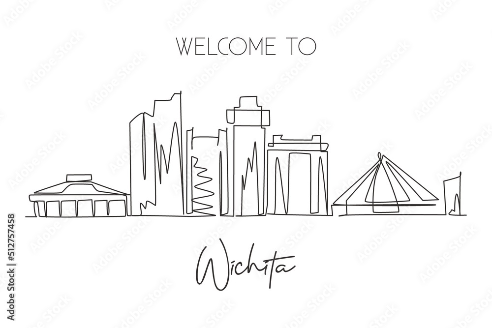 One single line drawing of Wichita city skyline, Kansas, USA. Town landscape for home wall decor poster. Best holiday destination. Trendy continuous line draw graphic design vector illustration One single line drawing of Wichita city skyline, Kansas, USA. Town landscape for home wall decor poster. Best holiday destination. Trendy continuous line draw graphic design vector illustration