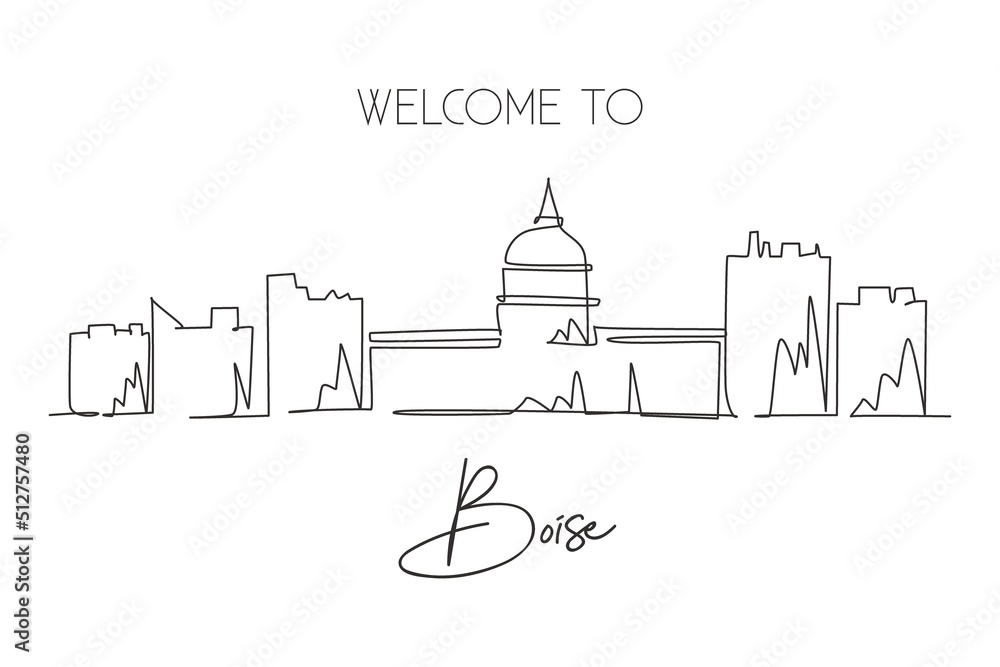 One continuous line drawing of Boise city skyline, Idaho. World beautiful landscape tourism and travel vacation for wall decor print. Stylish single line draw graphic design vector illustration