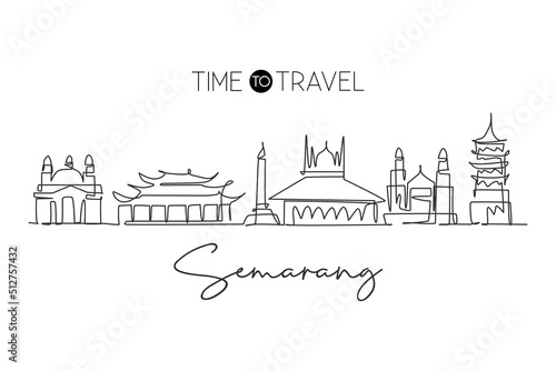 One single line drawing of Semarang city skyline, Java, Indonesia. Town landscape for home wall decor poster. Best holiday destination. Trendy continuous line draw graphic design vector illustration