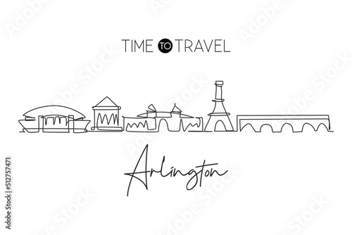 Single continuous line drawing of Arlington city skyline, Virginia, USA. Famous city for wall decor print. World travel concept. Editable stroke modern one line draw design vector illustration