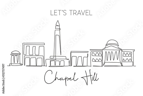 One single line drawing of Chapel Hill city skyline  North Carolina. Town landscape for home wall decor poster. Best holiday destination. Trendy continuous line draw graphic design vector illustration