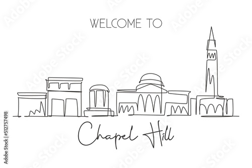 Single continuous line drawing of Chapel Hill city skyline, North Carolina. Famous city for wall decor print. World travel concept. Editable stroke modern one line draw design vector illustration photo