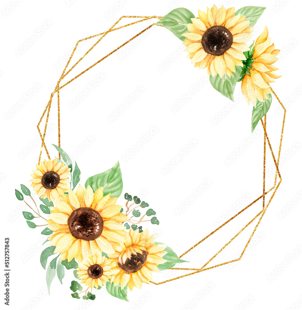 Sunflower Wreath Clipart, Watercolor Meadow flowers Frame, Rustic