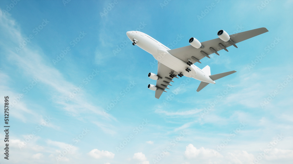 Conceptual flying white passenger jetliner or commercial plane after take off rising over a beautiful sky background. 3D illustration for jet transportation, travel industry or modern freedom concept Conceptual flying white passenger jetliner or commercial plane after take off rising over a beautiful sky background. 3D illustration for jet transportation, travel industry or modern freedom concept