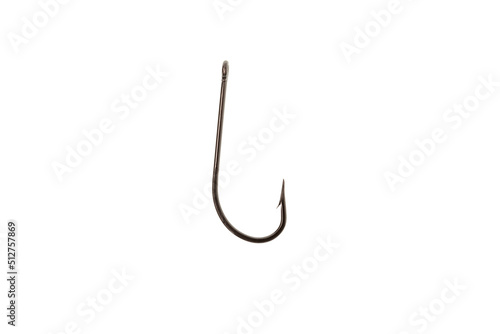 Fishing hook made of dark metal on a white background, close-up. Design element