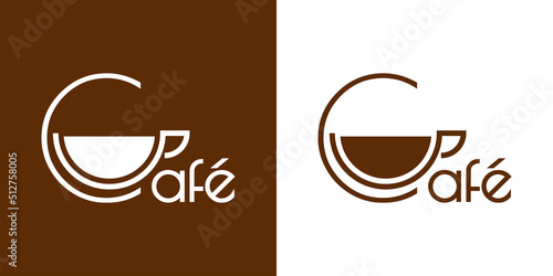 Banner con texto Café en español con letra inicial C con silueta de taza de café. Logotipo Coffee Shop. Vector con líneas en fondo marrón y fondo blanco