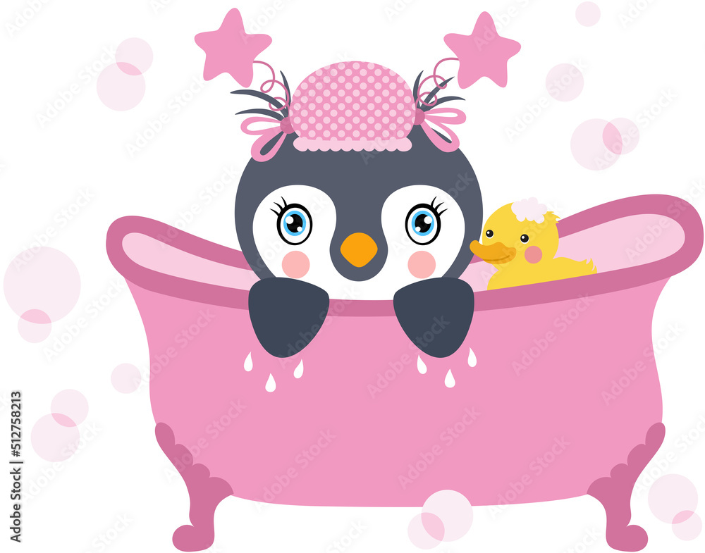 Baby girl penguin taking a bath with shower duck Baby girl penguin taking a bath with shower duck