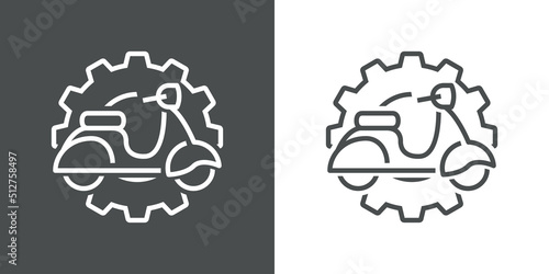 Icono silueta de scooter vintage sobre engranaje. Logotipo de servicio de reparación de motos. Vector con líneas en fondo gris y fondo blanco