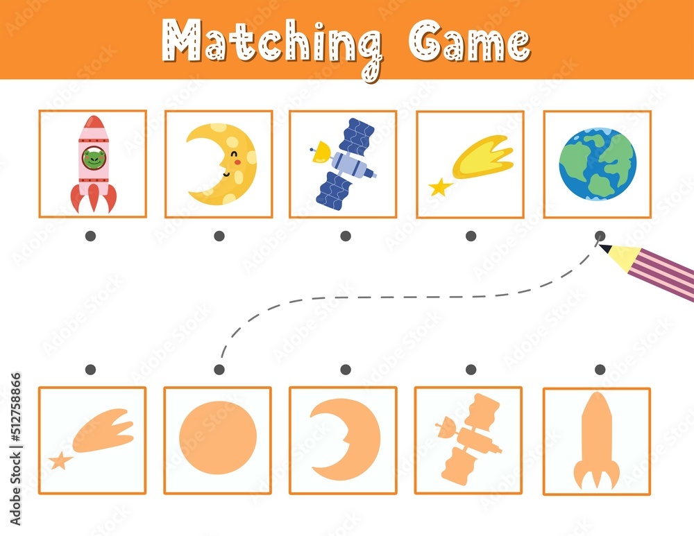 Find the correct shadow matching game with cute space characters and elements. Space activity page for kids. Search the silhouette puzzle. Vector illustration