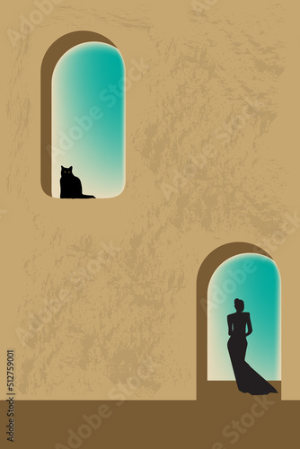 Silhouettes of a cat in a window and a woman in a doorway are featured.