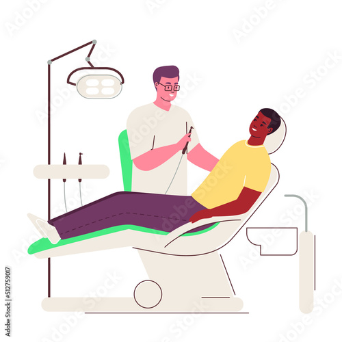 Dentistry. Dentist and patient. Tooth treatment.Vector flat illustration