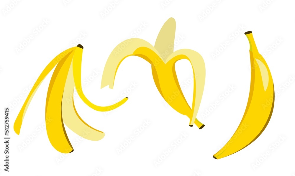 Yellow banana on white background. whole, open, banana peel. Vector illustration. White background.