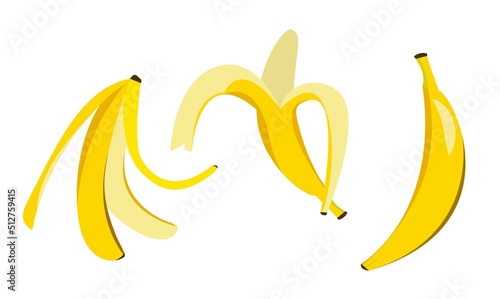 Yellow banana on white background. whole, open, banana peel. Vector illustration. White background.