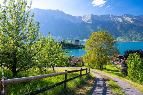 amazing view on alpine village Iseltwald on Lake Brienz in Switzerland