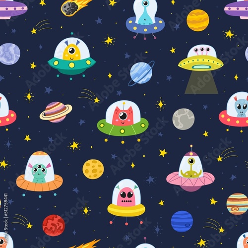 Cute aliens in space seamless pattern. Flying saucers funny childish background with ufo and planets. Great for fabric and wrapping paper. Vector illustration