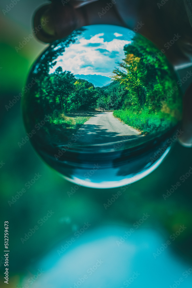 reflection with lensball, small road in the woods reflection with lensball, small road in the woods