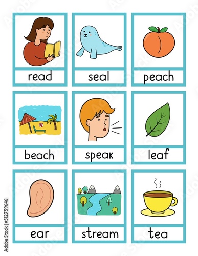 Phonics flashcards with -ea- spelling rule. Flash cards with phonics sound words and pictures activity for kids. Vector illustration