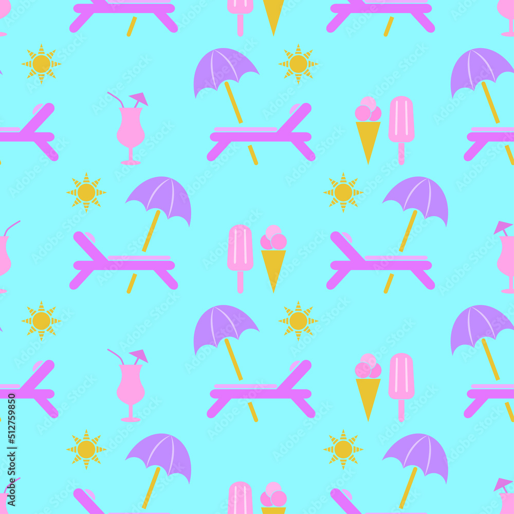Deck chair seamless pattern. Icon ice cream, cocktail, sunshade, day-bed in flat design. Beach background with chaise longue. Design for print on fabric, wrapping paper, packaging. Vector illustration Deck chair seamless pattern. Icon ice cream, cocktail, sunshade, day-bed in flat design. Beach background with chaise longue. Design for print on fabric, wrapping paper, packaging. Vector illustration
