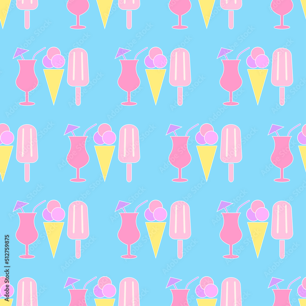 Seamless pattern with ice cream and cocktails. Flat icon ice cream with white outline. Summer background with ice cream. Design for print on fabric, wrapping paper, wallpaper. Vector illustration Seamless pattern with ice cream and cocktails. Flat icon ice cream with white outline. Summer background with ice cream. Design for print on fabric, wrapping paper, wallpaper. Vector illustration