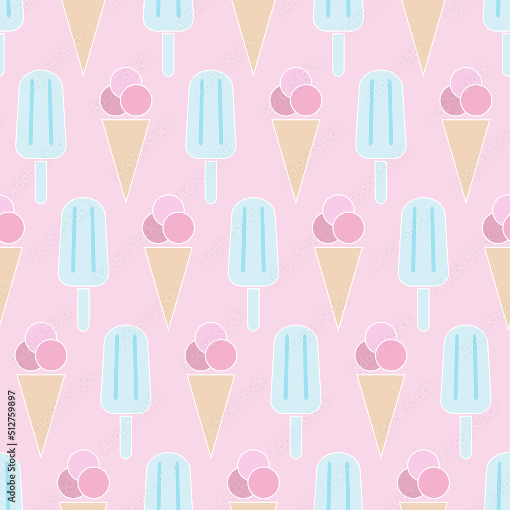 Ice cream seamless pattern. Flat icon ice cream with white outline. Summer background with ice cream. Modern design for print on fabric, wrapping paper, wallpaper, packaging. Vector illustration Ice cream seamless pattern. Flat icon ice cream with white outline. Summer background with ice cream. Modern design for print on fabric, wrapping paper, wallpaper, packaging. Vector illustration