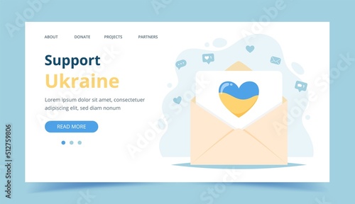 Support Ukraine, envelope with heart, colors of Ukrainian flag. Donation and volunteering landing page template, vector illustration in flat cartoon style