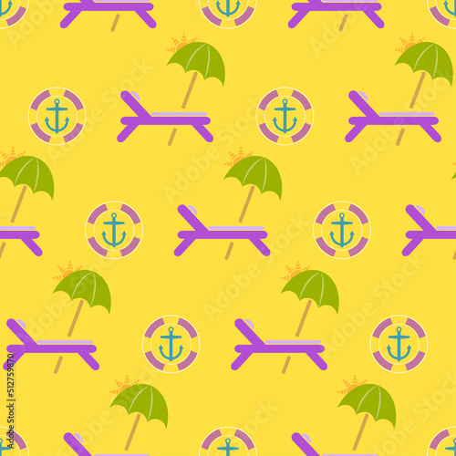 Deck chair seamless pattern. Icon anchor, lifebuoy, sunshade, day-bed in flat design. Beach background with chaise longue. Design for print on fabric, wrapping paper, packaging. Vector illustration