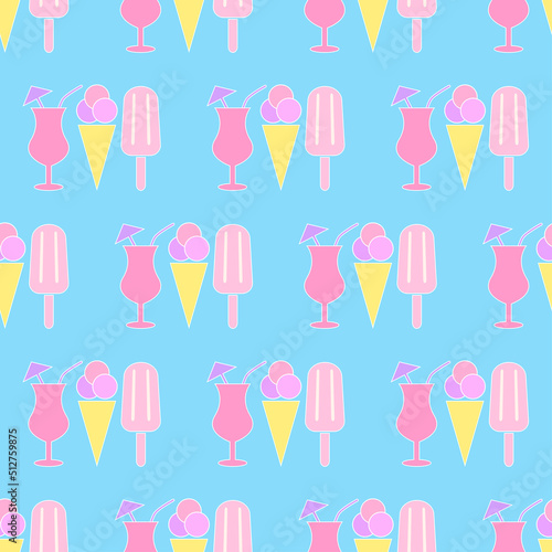 Seamless pattern with ice cream and cocktails. Flat icon ice cream with white outline. Summer background with ice cream. Design for print on fabric  wrapping paper  wallpaper. Vector illustration