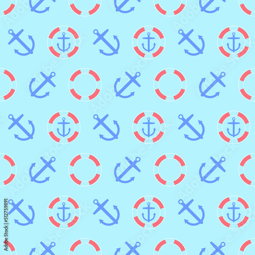 Seamless pattern with anchor and lifebuoy. Flat icon nautical elements. Sea background in blue color. Modern design for print on fabric, wrapping paper, wallpaper, packaging. Vector illustration