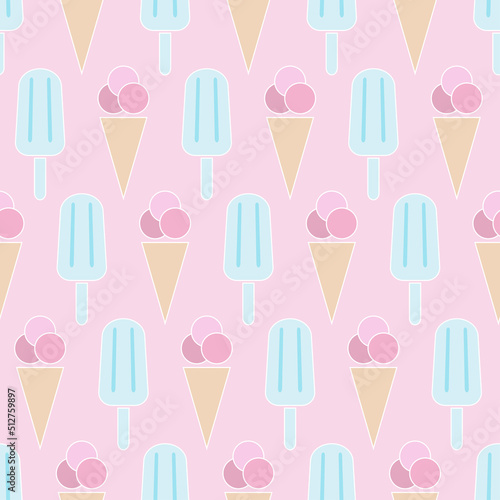 Ice cream seamless pattern. Flat icon ice cream with white outline. Summer background with ice cream. Modern design for print on fabric  wrapping paper  wallpaper  packaging. Vector illustration