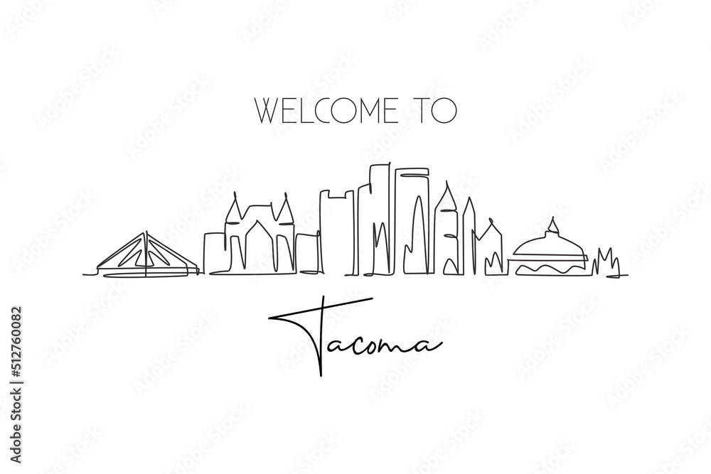 Fototapeta premium Single continuous line drawing of Tacoma city skyline, Washington. Famous city scraper landscape. World travel home wall decor art poster print concept. Modern one line draw design vector illustration