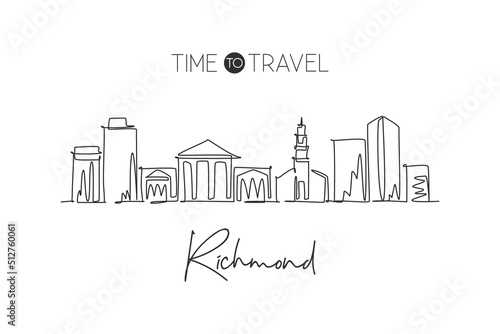 Single continuous line drawing of Richmond city skyline, Virginia. Famous city scraper landscape. World travel home wall decor art poster print concept. Modern one line draw design vector illustration