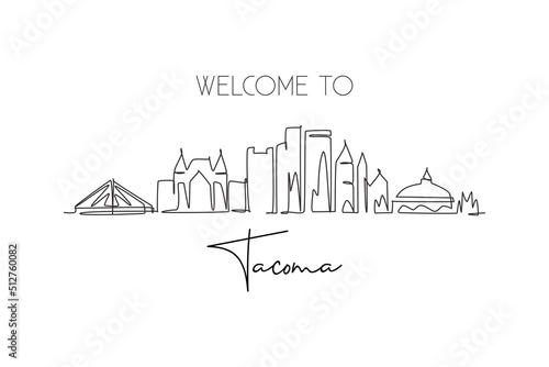 Single continuous line drawing of Tacoma city skyline, Washington. Famous city scraper landscape. World travel home wall decor art poster print concept. Modern one line draw design vector illustration photo