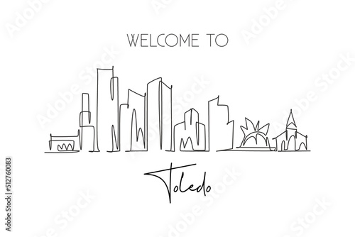 Single continuous line drawing of Toledo city skyline, Ohio. Famous city scraper landscape. World travel home wall decor art poster print concept. Modern one line draw design vector illustration