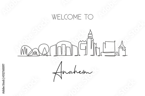 One continuous line drawing of Anaheim city skyline, California. Beautiful landmark. World landscape tourism travel home wall decor poster print. Stylish single line draw design vector illustration photo