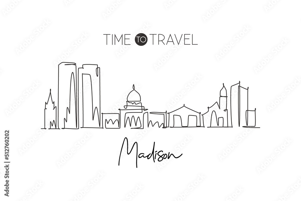One single line drawing of Madison city skyline, Wisconsin. Historical town landscape in the world. Best holiday destination. Editable stroke trendy continuous line draw design vector illustration