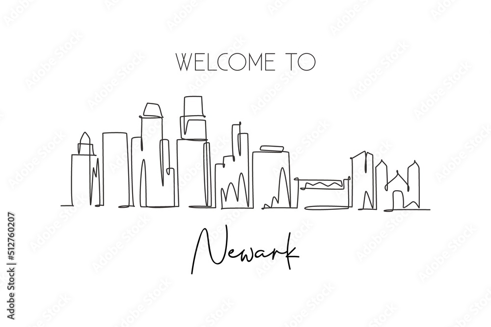 Single continuous line drawing of Newark city skyline, New Jersey. Famous city scraper landscape. World travel home wall decor art poster print concept. Modern one line draw design vector illustration Single continuous line drawing of Newark city skyline, New Jersey. Famous city scraper landscape. World travel home wall decor art poster print concept. Modern one line draw design vector illustration
