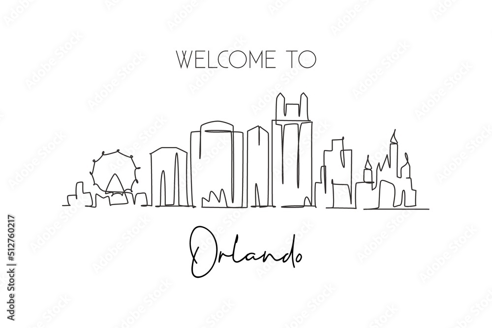 One continuous line drawing of Orlando city skyline, Florida. Beautiful landmark. World landscape tourism travel home wall decor poster print. Stylish single line draw design vector illustration