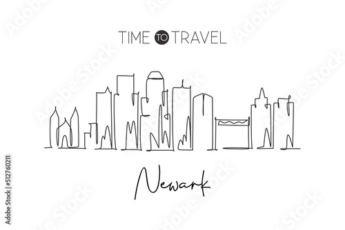 One continuous line drawing of Newark city skyline  New Jersey. Beautiful landmark. World landscape tourism travel home wall decor poster print. Stylish single line draw design vector illustration