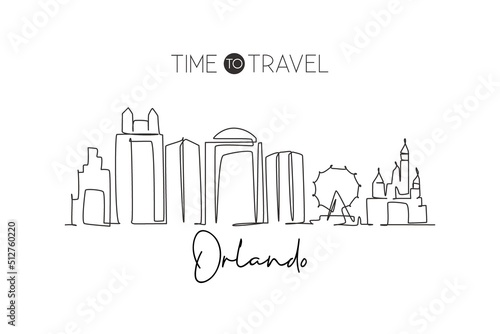 One single line drawing of Orlando city skyline, Florida. Historical town landscape in the world. Best holiday destination. Editable stroke trendy continuous line draw design vector illustration