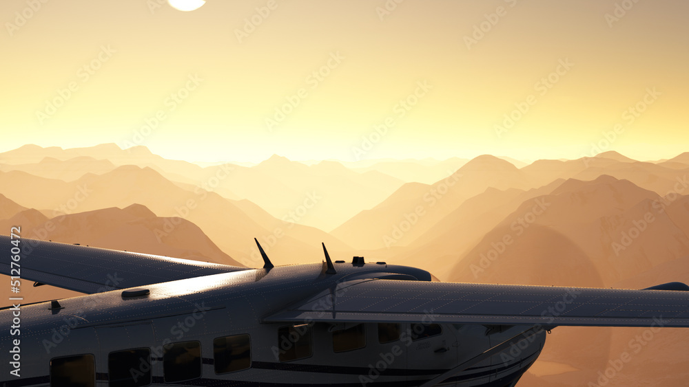 Small airplane flying during sunset. Sunrise in the mountains