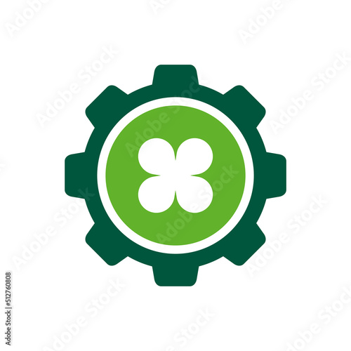 Gear attached with clover leaf logo icon design, four leaf clover and cogwheel illustration - Vector