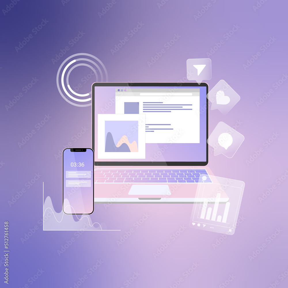 Vector illustration pink laptop, charts, internet indicators, social media icons and smartphone. Concept of online tool or service for social media analytics and SMM for website, app, banner or flyer
